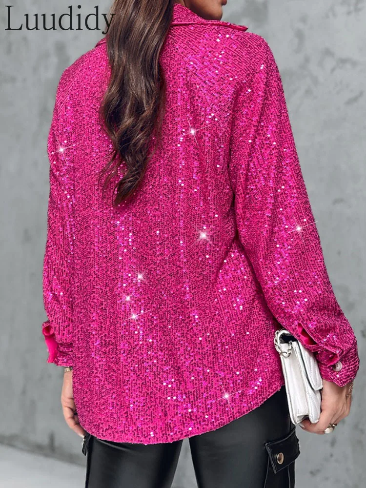 Women's Casual Solid Color Allover Sequin Button-down Long Sleeve Shirt Casual Top