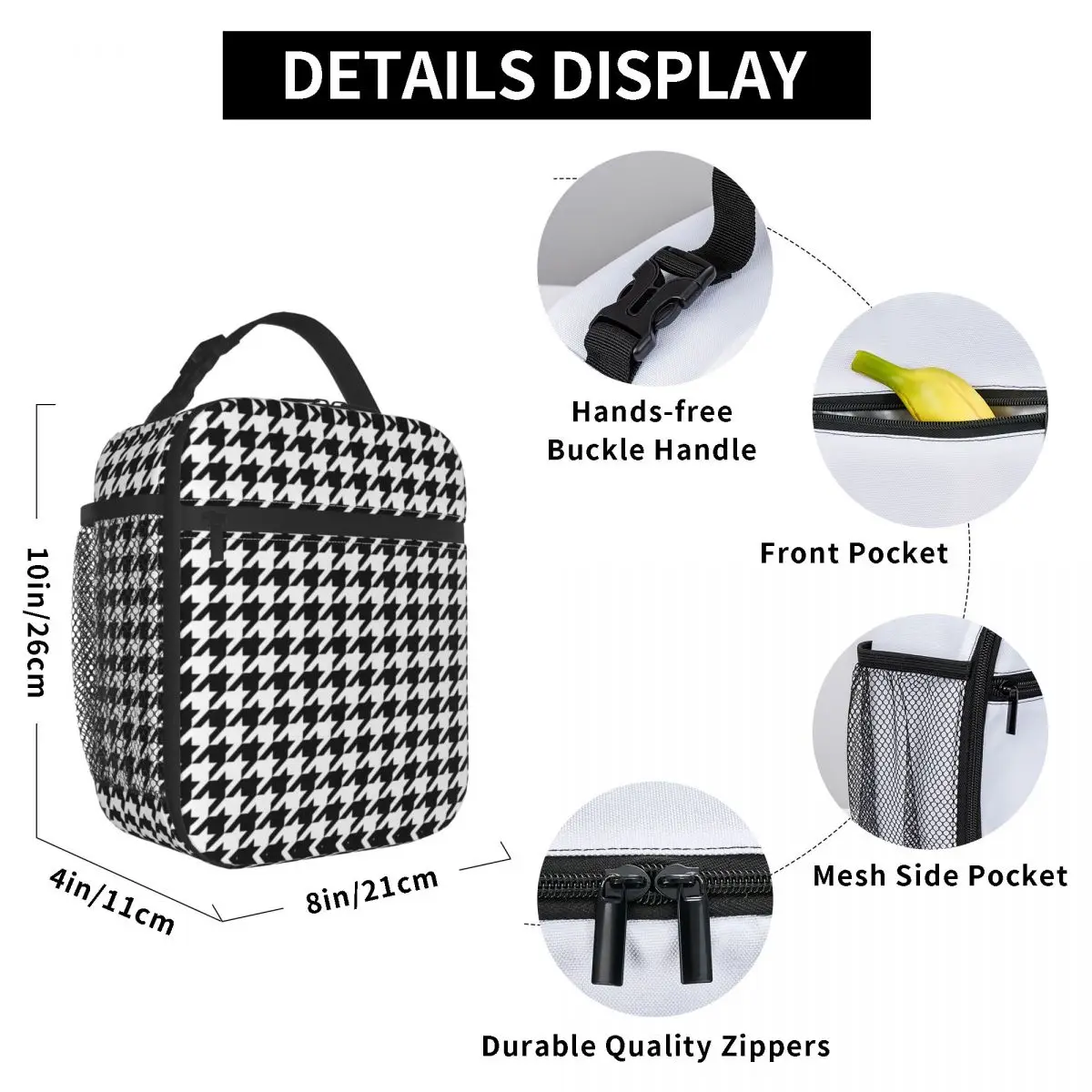 Modern Black White Houndstooth Insulated Lunch Bags for Outdoor Picnic Geometric Resuable Thermal Cooler Lunch Box Women Kids