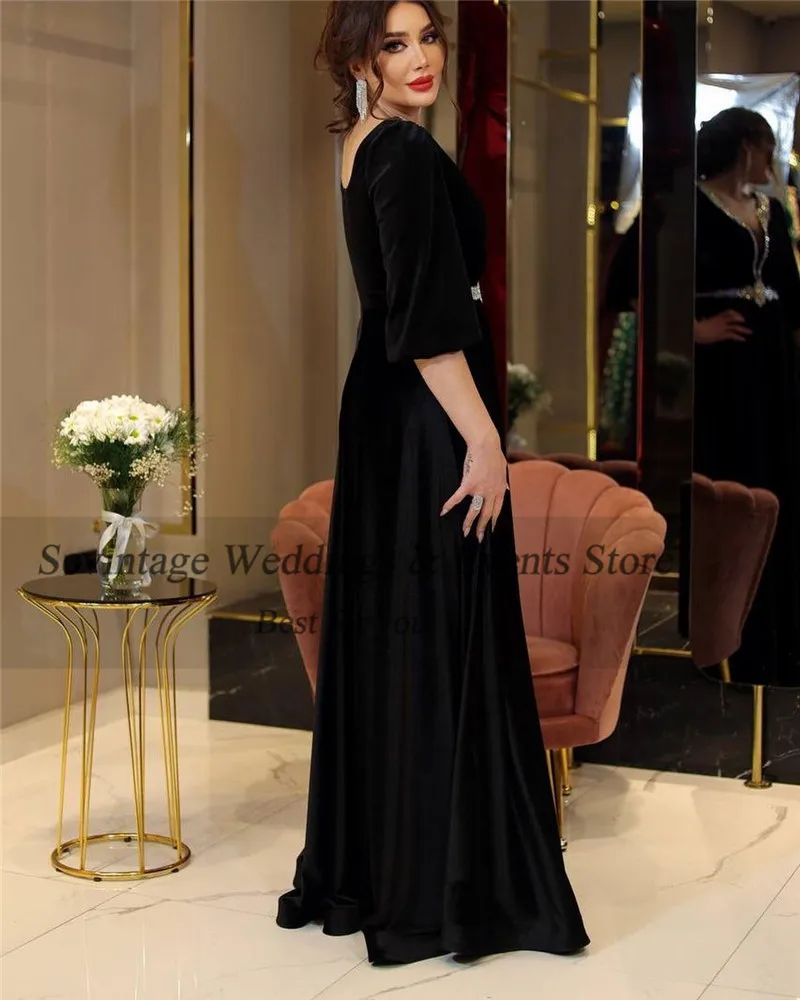 Sevintage Customized Elegant Arabic Velvet Evening Dress V-Neck Half Sleeves Sequined Belt Ruched Prom Gown Floor Length