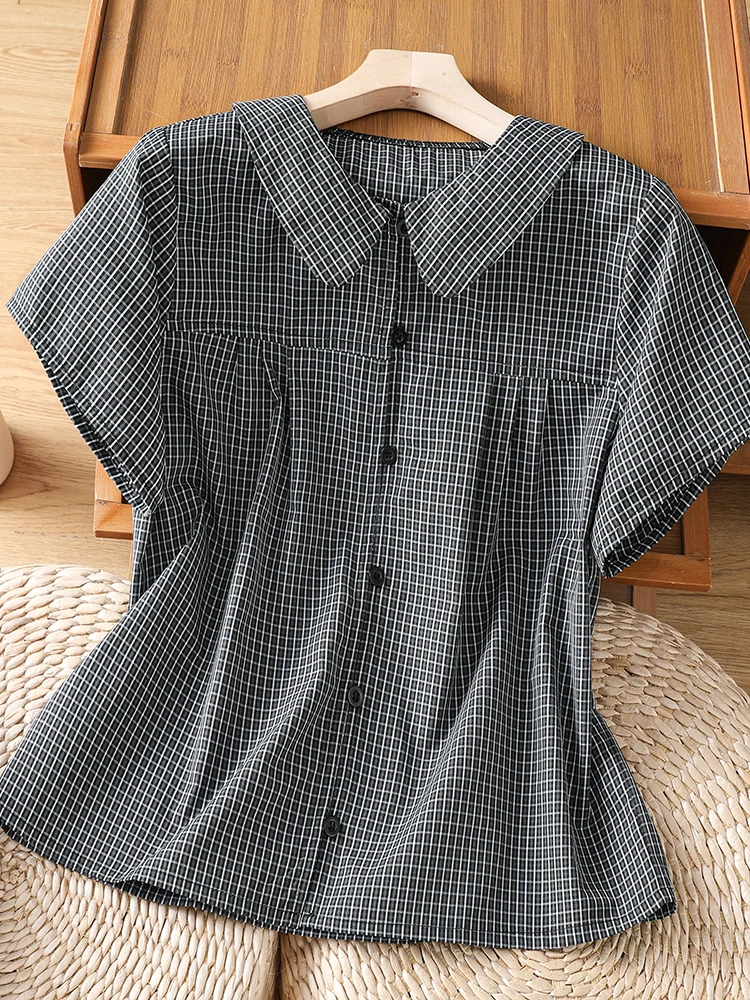

Loose Fit Cotton Shirt Women's Summer Short Sleeve Peter Pan Collar Plaid Print Anti-Aging Belly Cover Casual Style Top