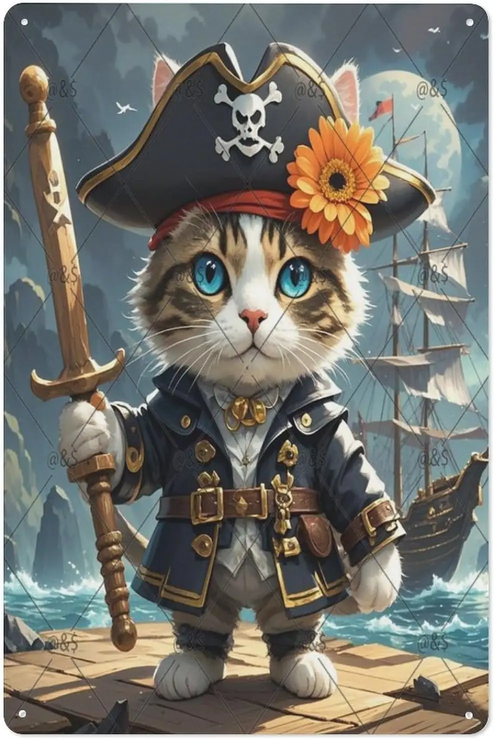 Plaque en métal, décorations classiques en métal motif Pirate Cat Leader, plaques en métal amusantes pour la décoration de la "cave des hommes", affiches en métal pour la décoration murale de la pièce S