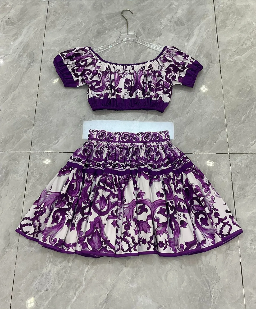 Women's Luxury Designer Summer Two Piece Set: Off Shoulder Purple Porcelain Print Top + Mini Skirt | Beach BOHO Vacation Outfit