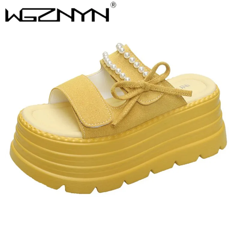 

Роскошные женские тапочки на платформе с бисером, обувь на плоской подошве с бантом, повседневные сандалии с открытой пяткой, модные летние шлепанцы 2025 года, пляжные женские шлепанцы