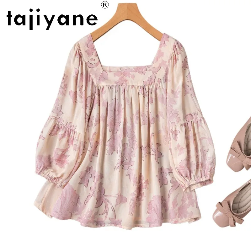 TAJIYANE 100% Mulberry Silk Women T Shirts New Summer Tops for Woman Clothing Loose Shirts Puff Sleeve T Shirt Femme Printed 티셔츠