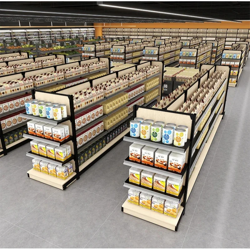 custom.High Quality Commercial Double Sided Steel & Wood Display Shelves Supermarkets Malls Department Stores Convenience St