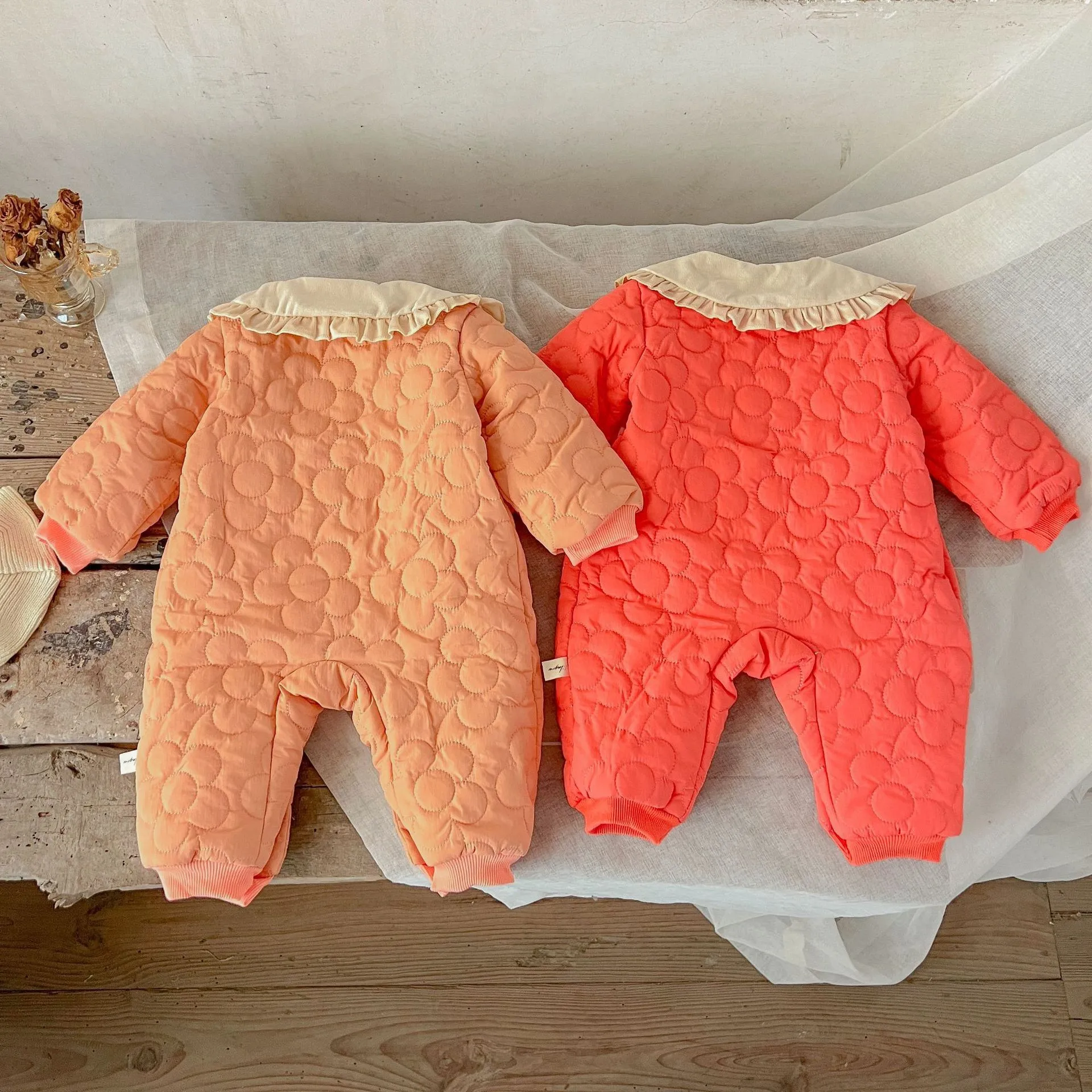 Korean Newborn Fleece Quilted Thick Turn Down Collar Bow Knot Romper Padded Coat Infant Warm Winter Trendy