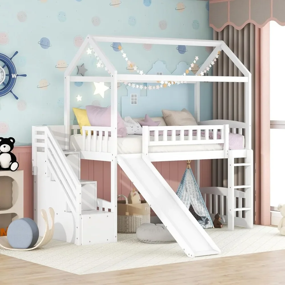 Loft Bed with Slide, House Loft Beds Twin Size with Step Storage Drawers Stairway Playhouse for Kids Toddlers Girls/Boys