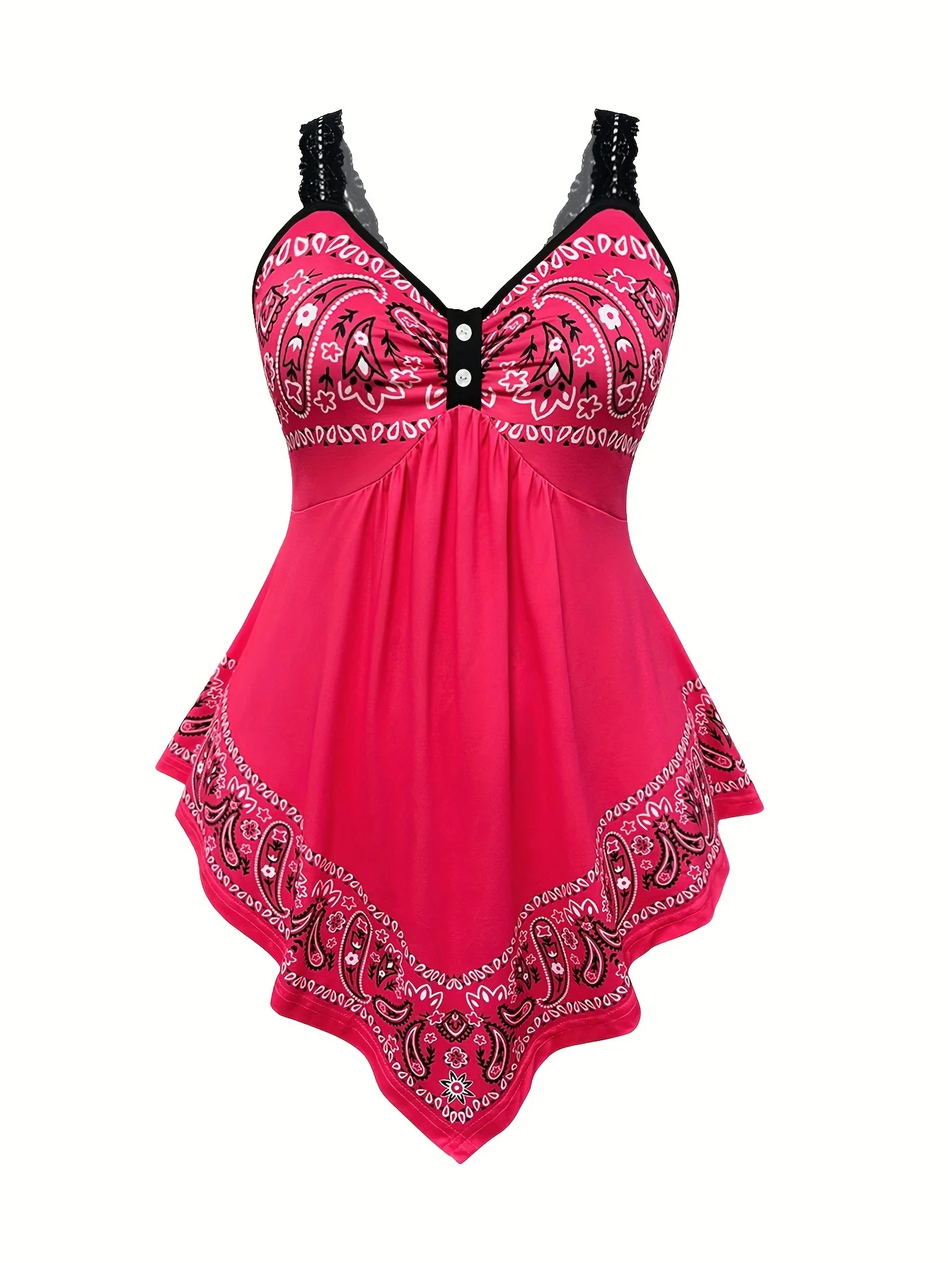 Plus Size Vacation Style Leggings Set, Paisley Print Asymmetrical Hem Lace Tank Top & Lace Stitching Capris Leggings