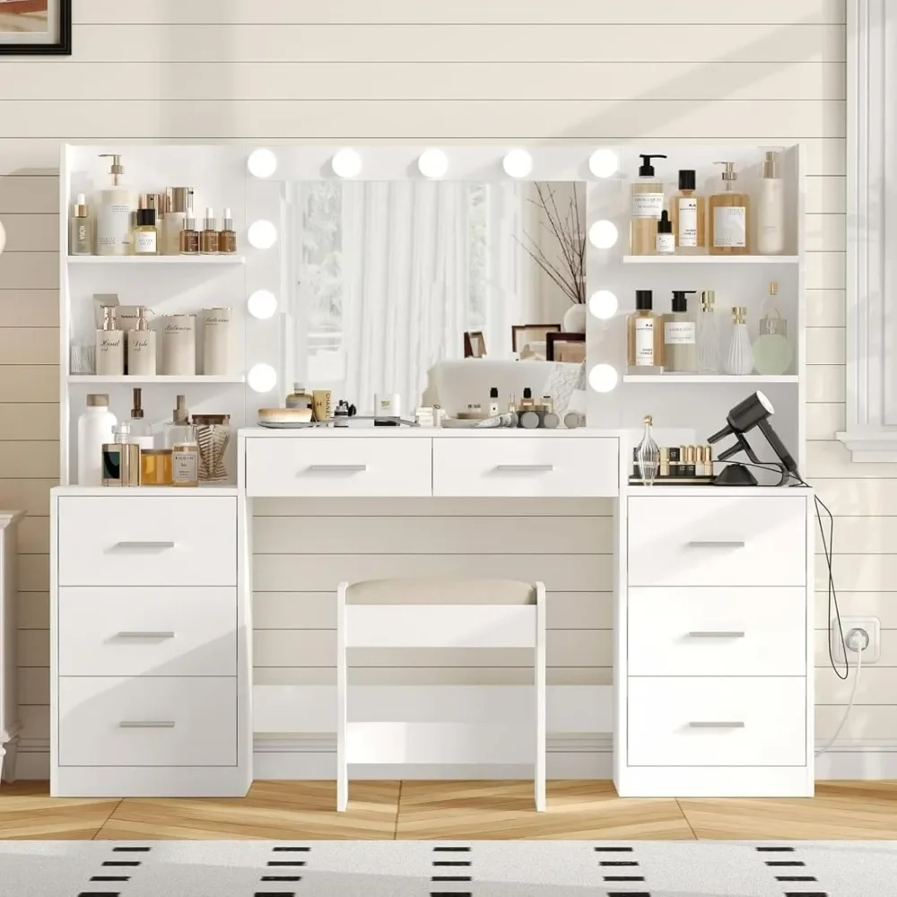 61.9‘’L Large Vanity Desk Set with Mirror & Lights,Makeup Vanity with Stool and Charging Station, with Drawers & Storage Shelves