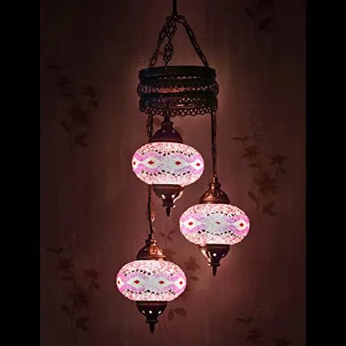 LaModaHome 35 + Unique Colors, 2020 Customizable Chandelier 3 Globes + Free 3 Bulbs, stunning Mosaic Turkish Lamp Moroccan Light