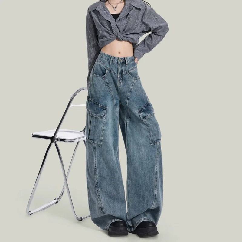 QICHE 2026 Autumn American Vintage High Street Blue Curved Wide Leg Cargo Denim Pants for Women, High Waist Draping Petite Jean