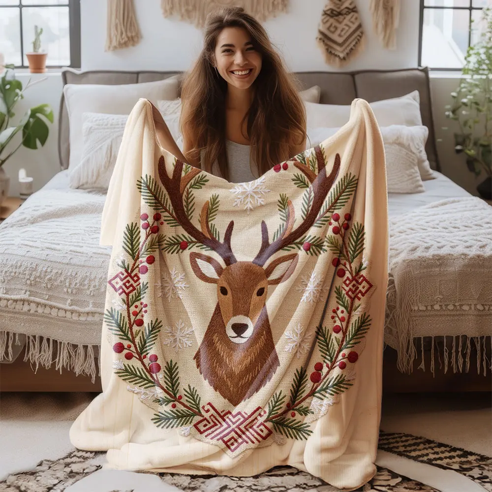 1pc Christmas Reindeer Pine Branch Berry Wreath Flannel Throw Blanket, Soft Cozy Blanket For Sofa Relaxing Nap Break, Ideal H
