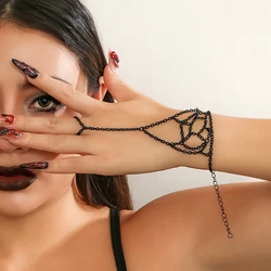Creative Goth Black Finger Wrist Chains Rings Bracelets Women Belly Dancer Connecting Hand Harness Bracelets Halloween Jewelry
