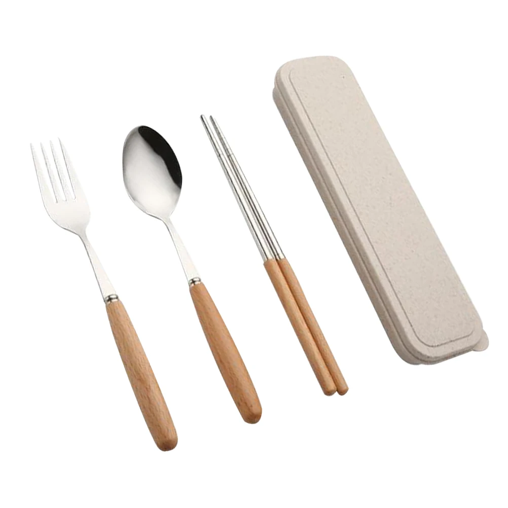 

3 Pcs Fork Wooden Handle Tableware Set Portable Stainless Steel Chopsticks Kitchen Supplies Spoons Dinner Service