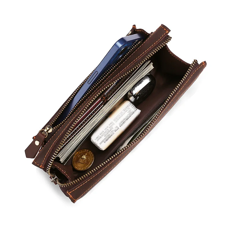 Men's Clutches Long Handbag Business Vintage Cow Leather Man Long Wallet For Men And Woman Zipper Purse view 4