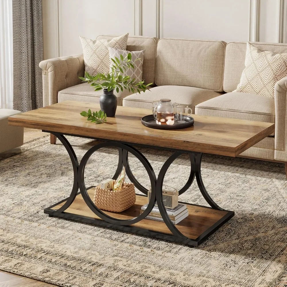 Mesa de centro rústica de granja de 47" - Mesa central rectangular de madera de 2 niveles para sala de estar