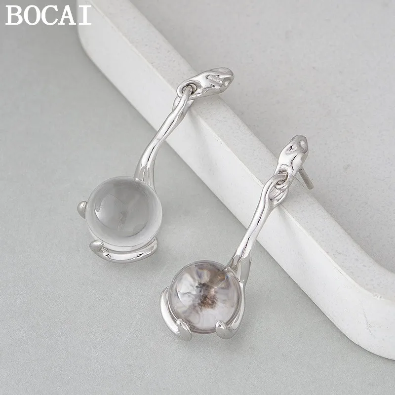 BOCAIS925 Sterling Silver Charms Studs Earrings for Women New Fashion Simply Geometric White Crystal Ball Ear Studs Punk Jewelry
