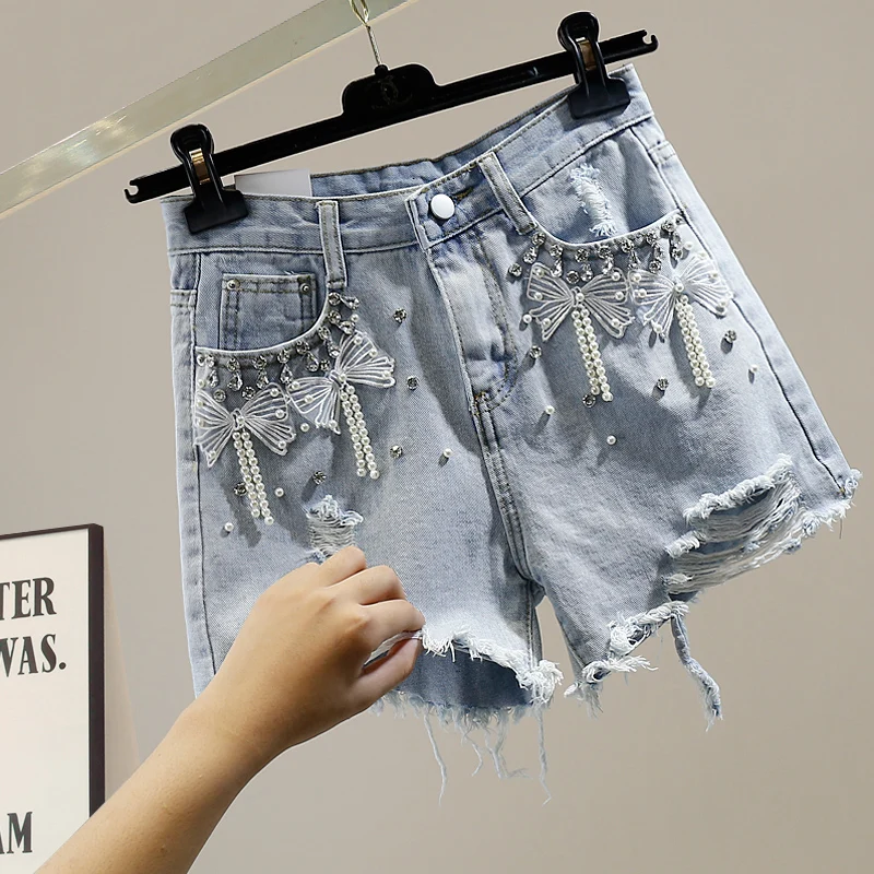 

Handmade Embellished Heavy-Duty Denim Beaded Decorative Hole High Waist Wide Leg Jeans Fashionable Short Shorts