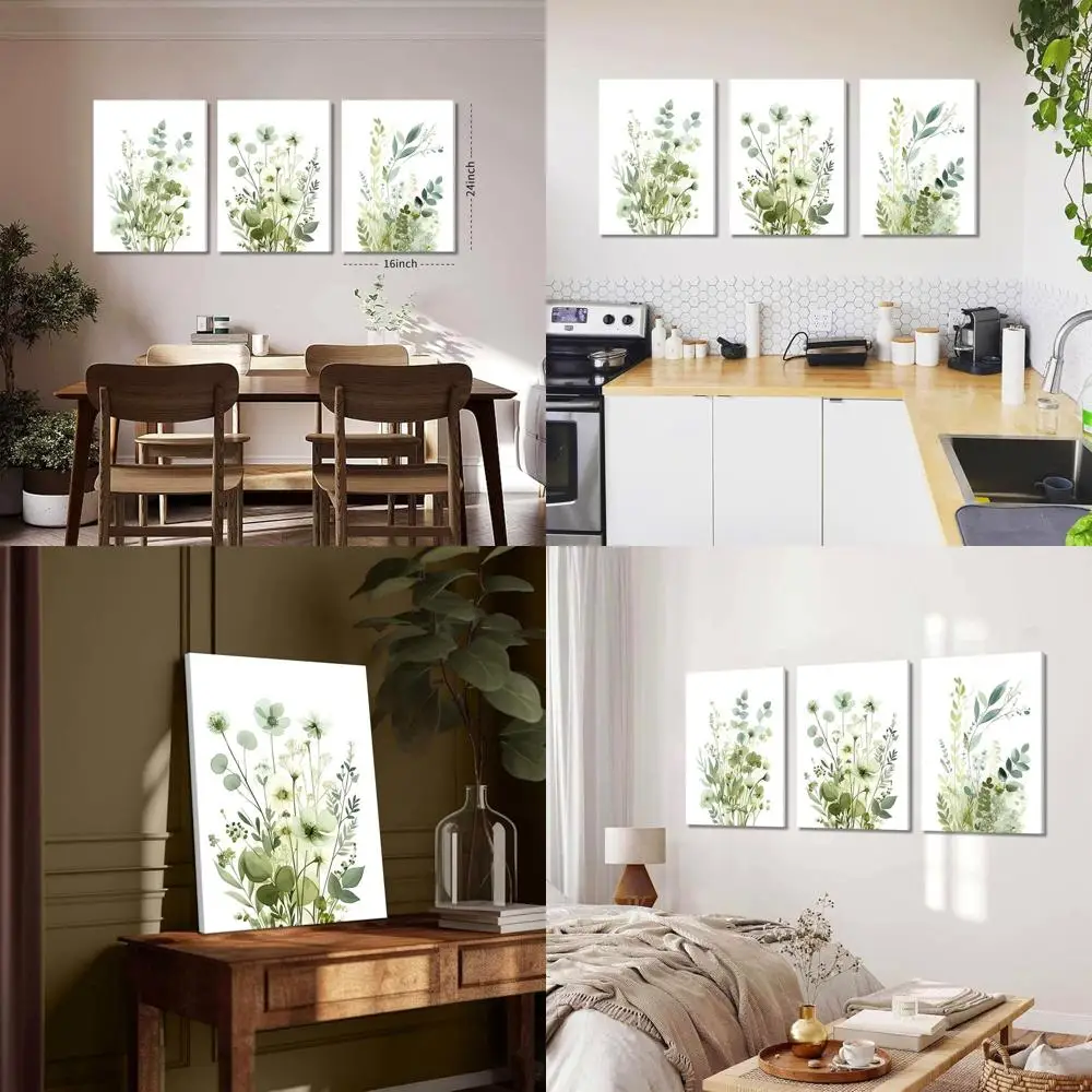 

Sage Green Bohemian Floral Wall Art, Set of 3 Minimalist Watercolor Prints, 16x24