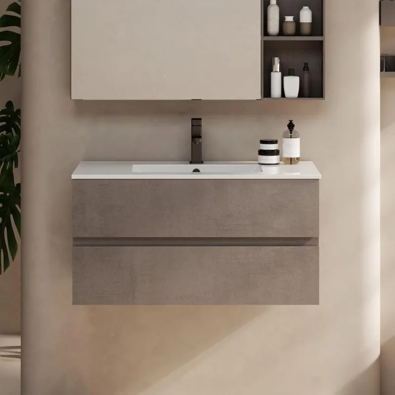

36" Wall Mounted Bathroom Vanity with Sink Combo Set, Floating Bathroom Storage Cabinet w/Bevelled Invisible Handles, 2 D