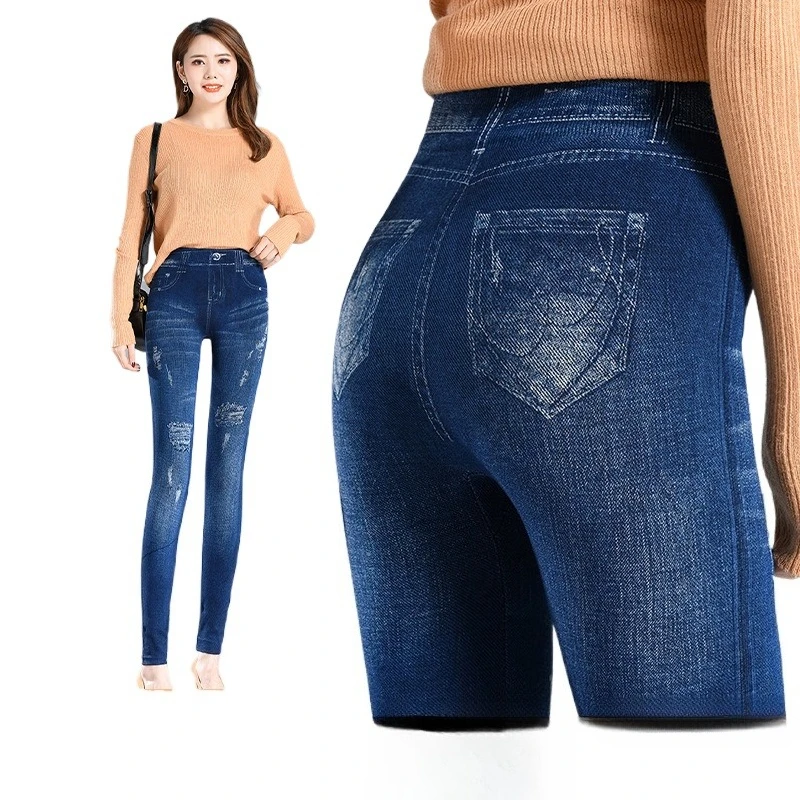 40-80kg Women's Pencil Pants High Waist Large Size Imitation Denim Fake Holes Versatile Elastic Outer Leggings Women Leggings