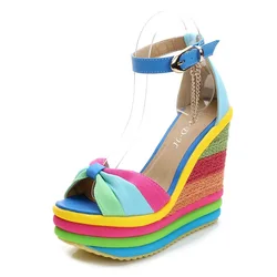 Plus Size 33-43 Shoes for Women Summer Wedges Sandals Colorful Platform Rainbow Bowknot Hemp Bottom Female Buckle Strap Shoes