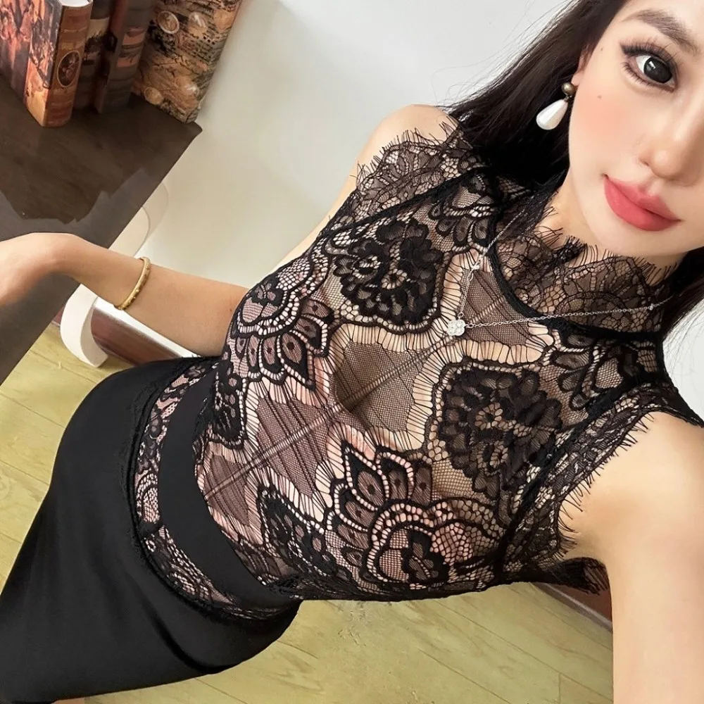 SylCue Mesh Patchwork Dress Woman Turtleneck Sleeveless Skinny High Waist Peach Hip Midnight Prom Party Elegant Mini Bodycon
