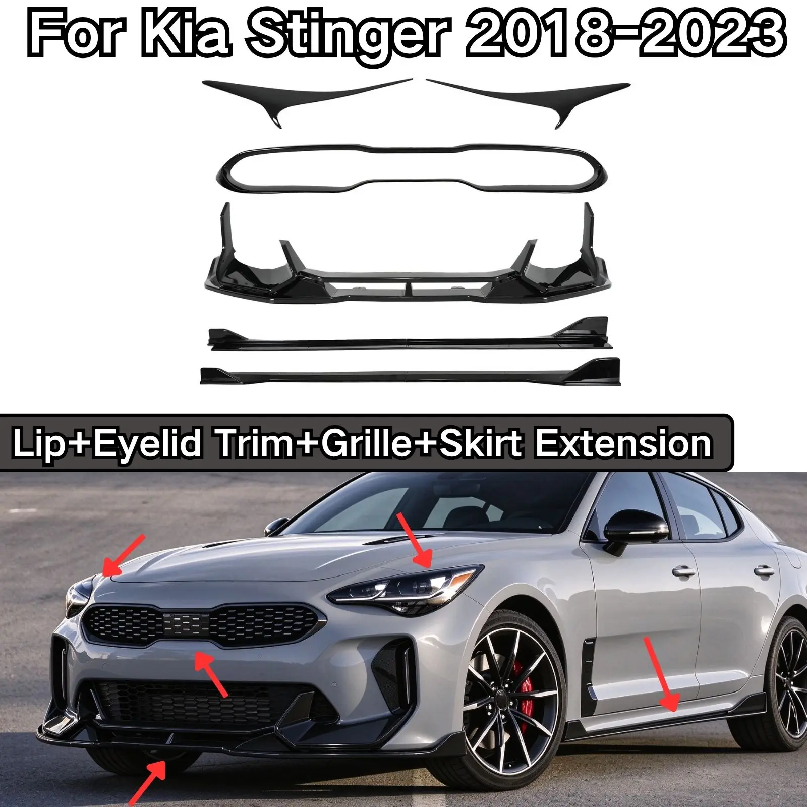 For Kia Stinger 2018-2023 Bumper Lip Eyelid Trim Grille Skirt Extension Glossy Black Carbon Fiber Painted Car Accessories ABS
