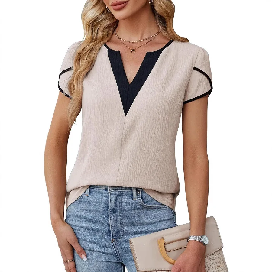

Stylish V-Neck Color Blocked Blouse Women's Short Sleeved Shirt Office Lady Elegant Work Top Clothes