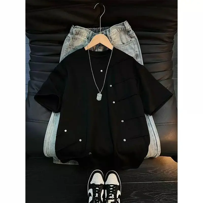 Men 2026 Summer Niche Deconstruct Rivet Spliced T Shirt American High Street Loose Short Sleeve Cool Guy Casual White O Neck Top