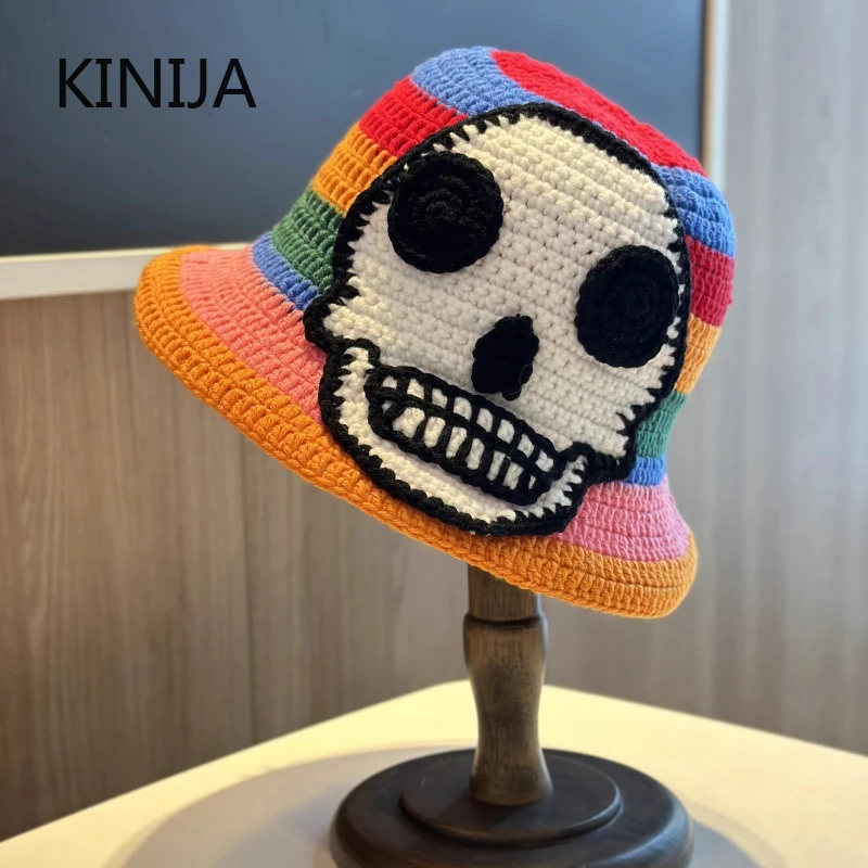 Skelett Stickerei Fischer Hut Winter handgemachte häkeln gestrickt Unisex Hip Hop Eimer Hut runde Becken Hut Halloween kalte Kappe