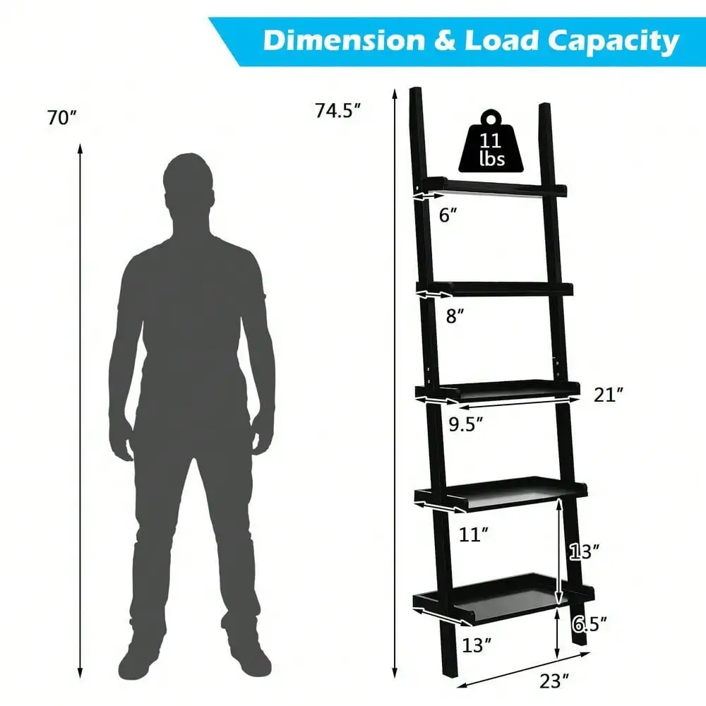 Ladder Shelf 5-Tier Plant Stand Wall-leaning Bookcase Display Rack Black