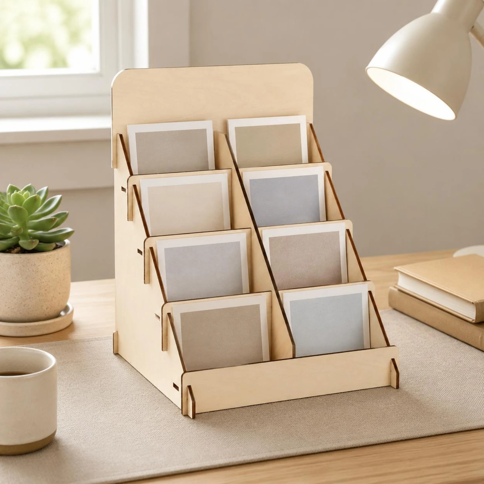 4-Tier Wooden Greeting Card Stand Stair-Step Design Wooden Greeting Card Holder Postcard Display Rack Easy to Assemble