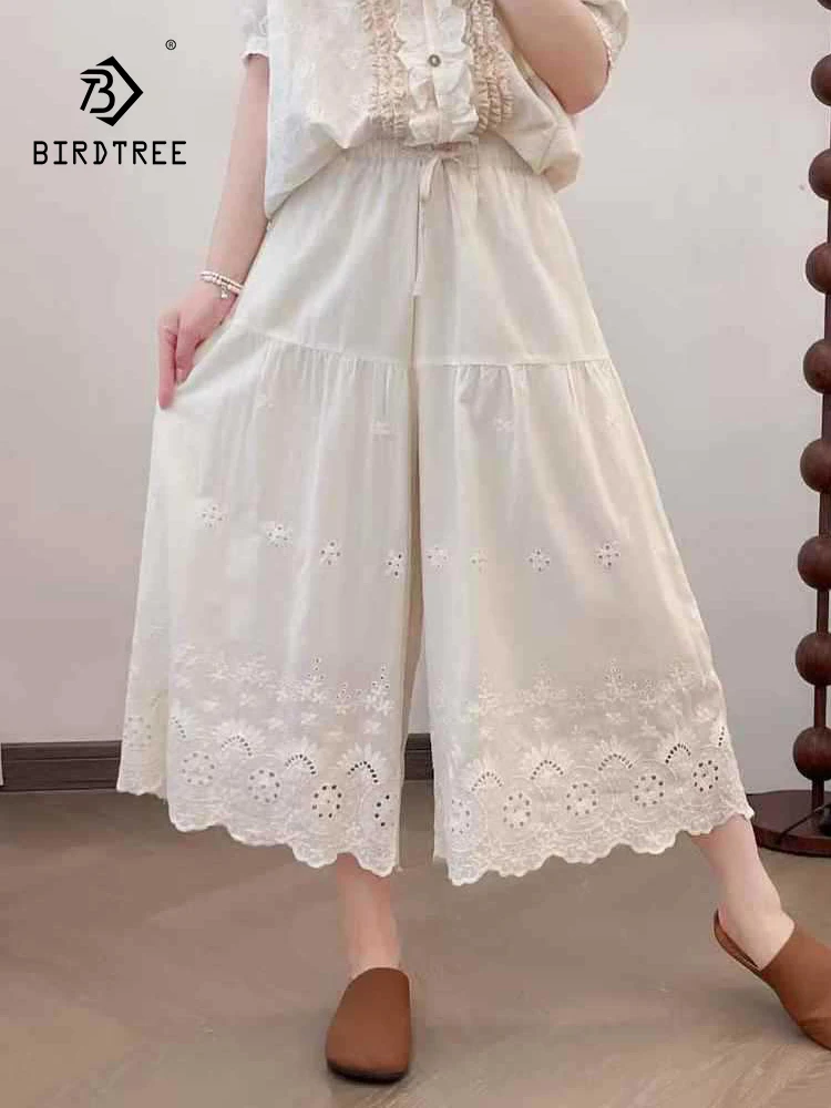 

New 2025 Summer Cotton Wide Leg Pants, Women Elastic Waist Embroidery, Mori Girl Vintage Ruffles Casual Loose Trousers B53817CC