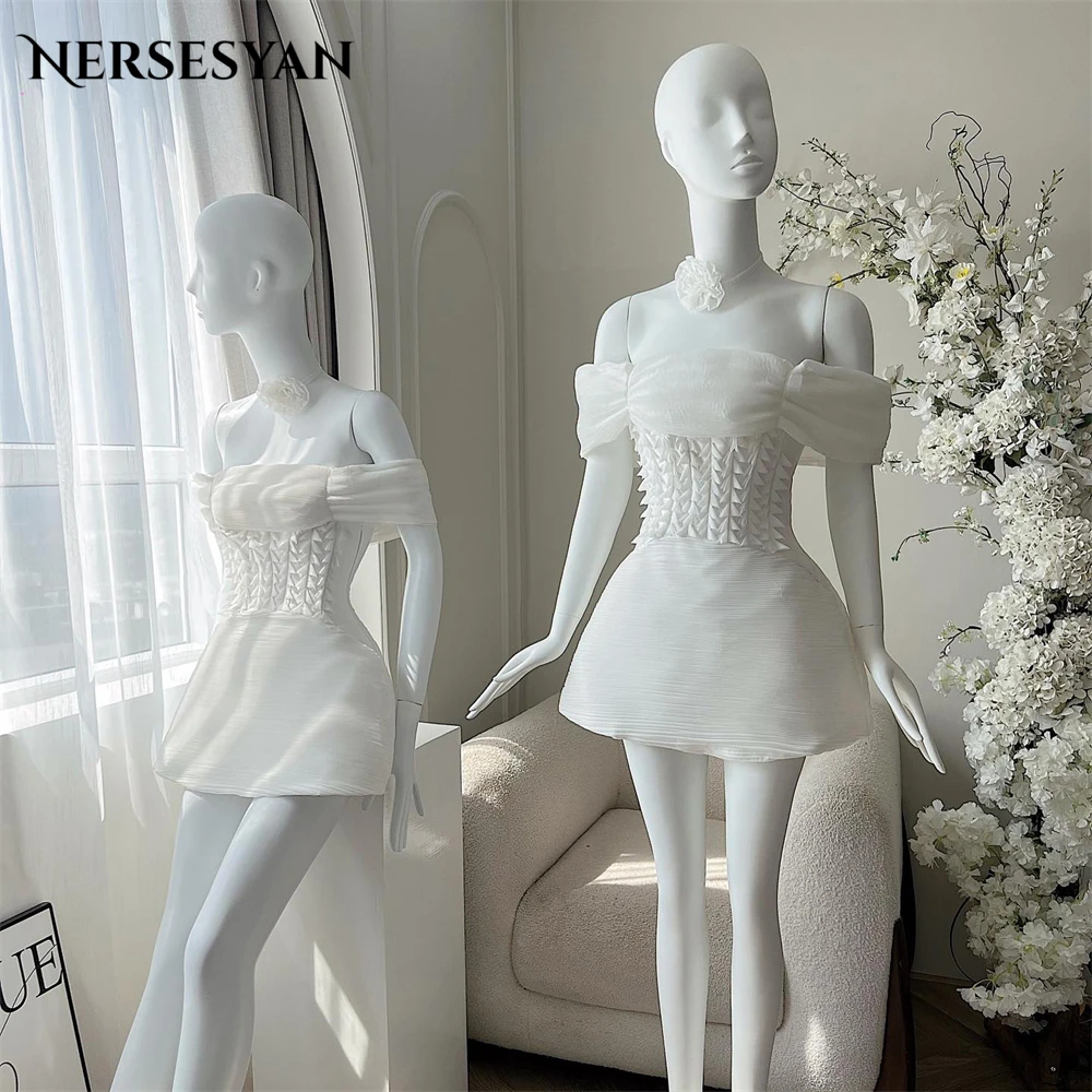 

Nersesyan Elegant Solid Mini Wedding Dresses A-Line Pleated Off Shoulder Ruffles Bridal Gowns Sleeveless Backless Bride Dress