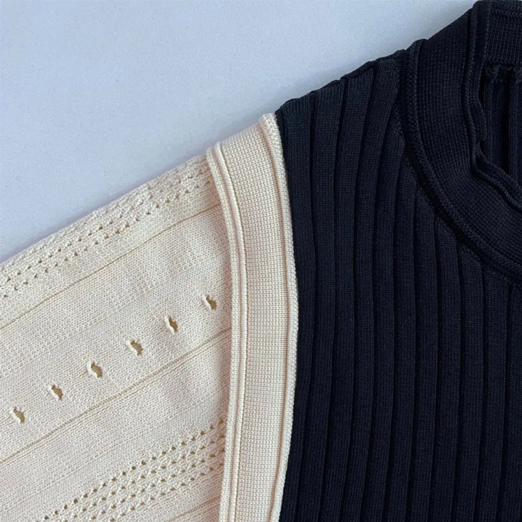 Women's Slim Knitted Long Skirt Color-Block High-End Fashion Summer Temperament Ice Silk Dress with Short-Sleeves