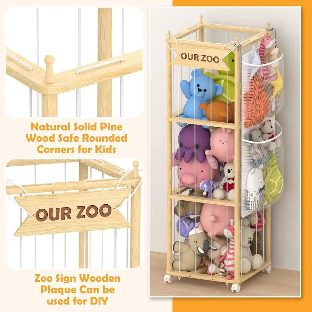 Animal Storage, Wooden Zoo Toy Organizer with Wheels & Hanging Net, Cute Plush Toy Display Stand for Kids Bedroom, Playroom & Nu view 5