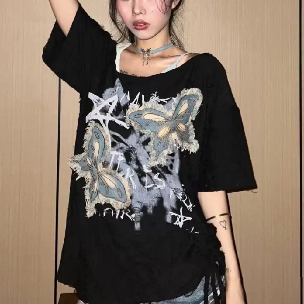 Neploe Loose Embroidery Streetwear Print Butterfly Crop Top Harajuku E-Girl Slash Neck Half Sleeve T-shirt Clavicle Exposed Tops