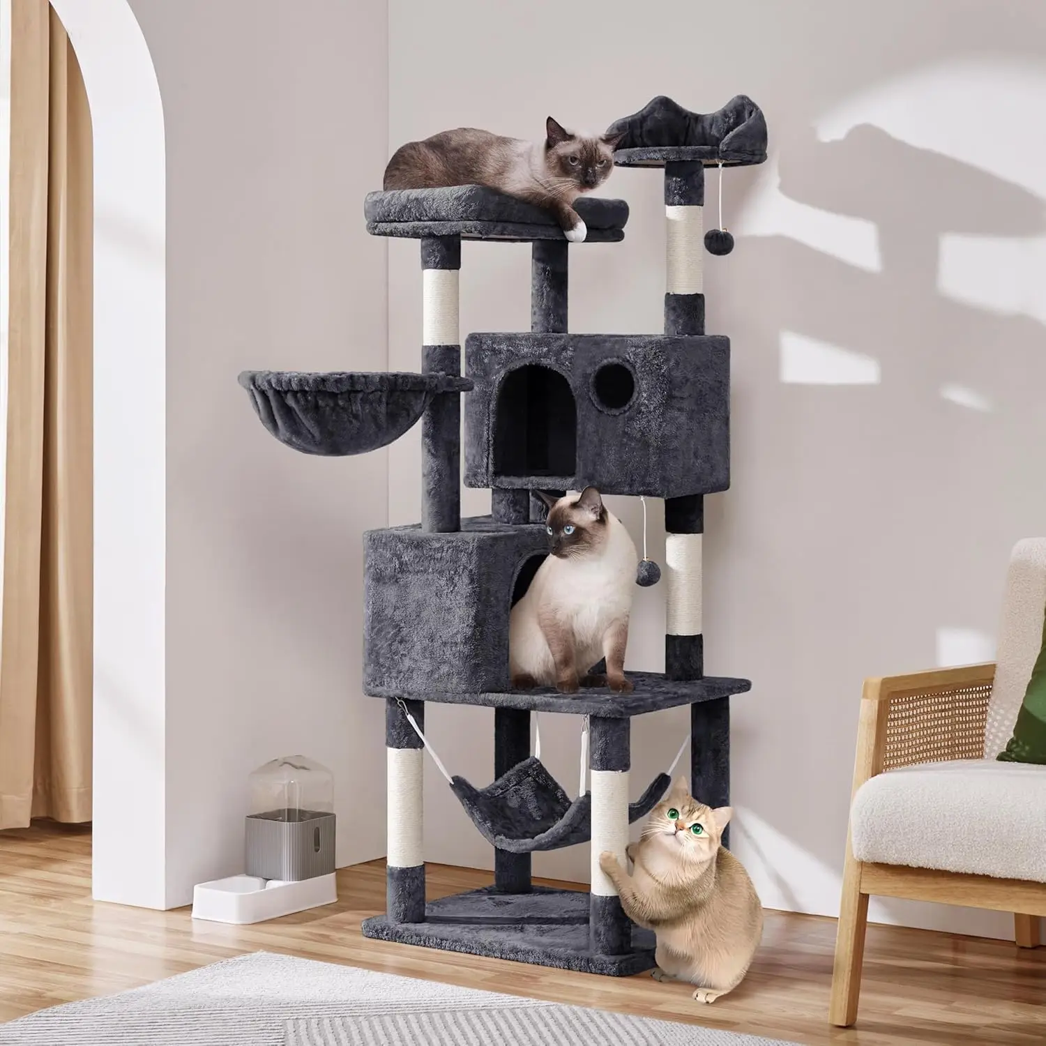 

64.5in Extra Large Cat Tree with 2 Perches, 2 Condos, 5 Scratching Posts, Funny Hammock & Basket & Dangling Balls,, Customized