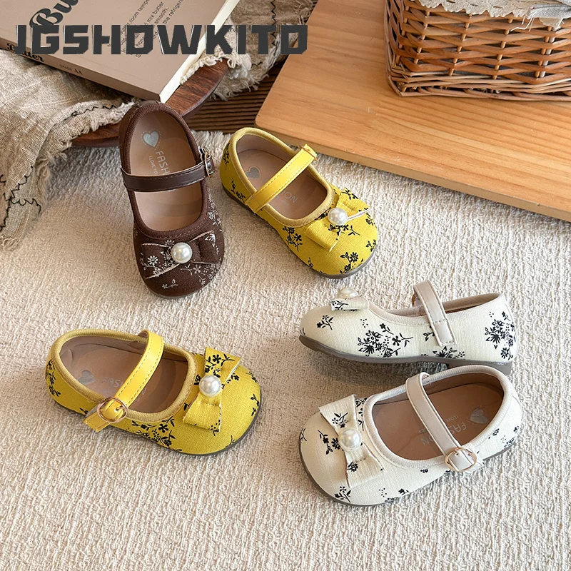 JGSHOWKITO Kids Floral Flat Shoes Elegant Pearl Bow Princess Shoes for Girls Daily Wedding Party Non-slip Children Leather Shoes