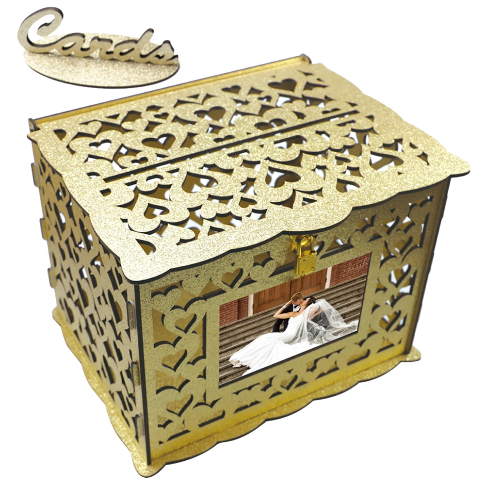 

Wooden Card Box Hollow Design Wedding Decor Blessing Greeting Boxes Anniversary Cards Container Collect Money Postcards