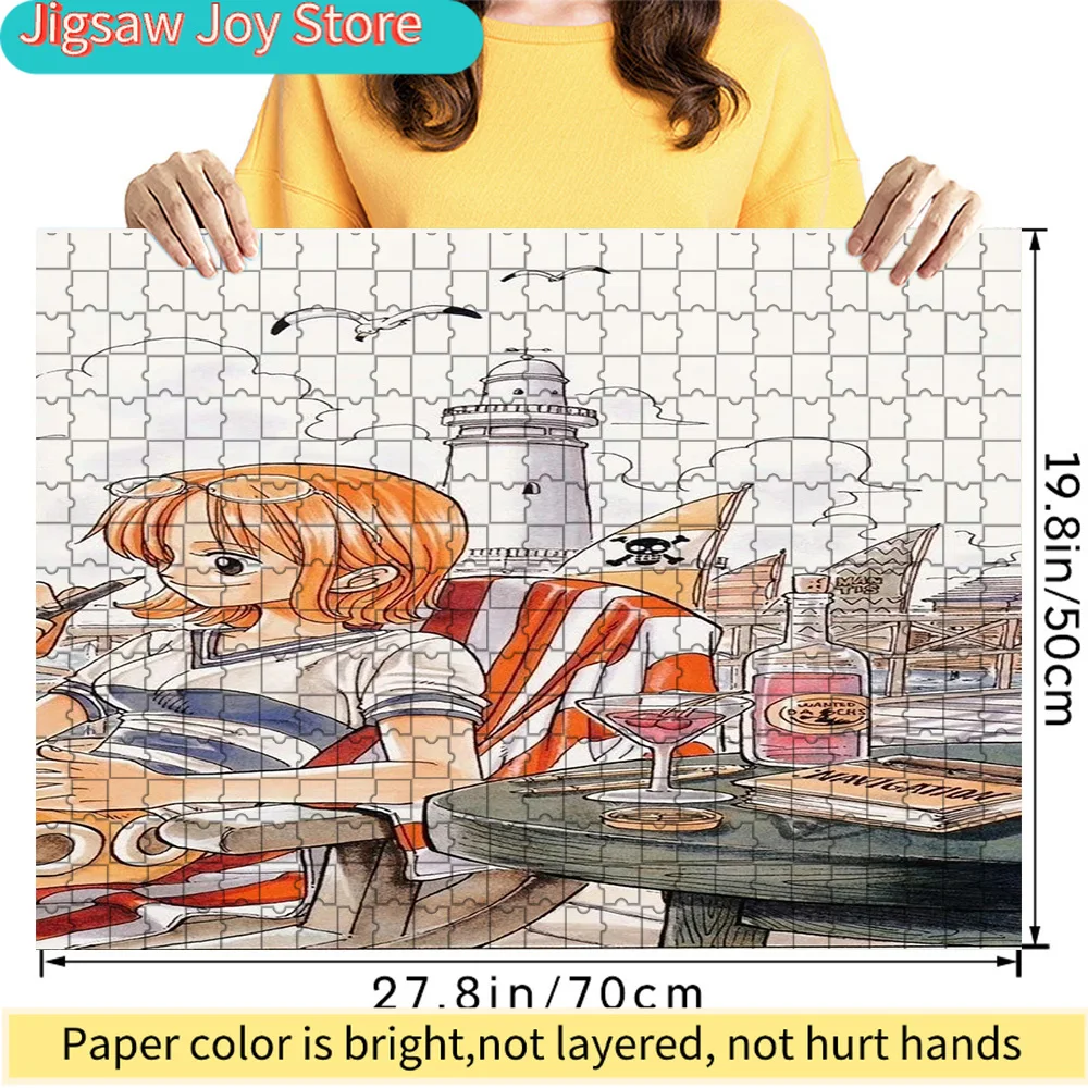 

Premium Paper Jigsaw Puzzle Featuring One Piece Nami Relaxing at a Coastal Café with Lighthouse and Pirate Ship Artwork, 27.8x19