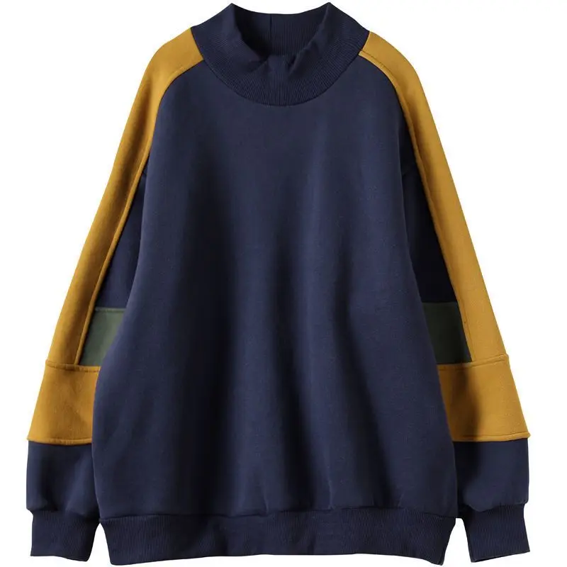 Fashion Korean Contrasting Colors Spliced Warm Tops Autumn Winter Female Half High Collar Casual Long Sleeve Sweatshirt T-shirt image 4