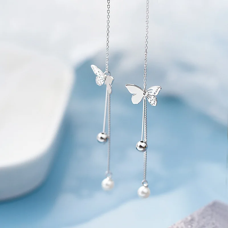 

Fashion 925 Sterling Silver Pearl Butterfly Tassel Earrings for Ladies Long Style Jewelry Gift for Birthday Wedding