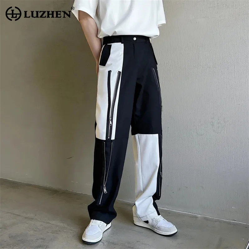 

LUZHEN Fashion Color Contrast Splicing Casual Pants Men's High Street Zipper Decorate Trendy 2024 New Straight Trousers LZ2873