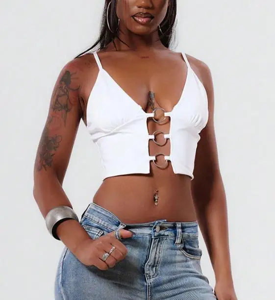 Top Women 2026 Spring Summer New Solid Color V-Neck Hollow Out Fashion O-Ring Design Sleeveless Casual Crop Cami Top