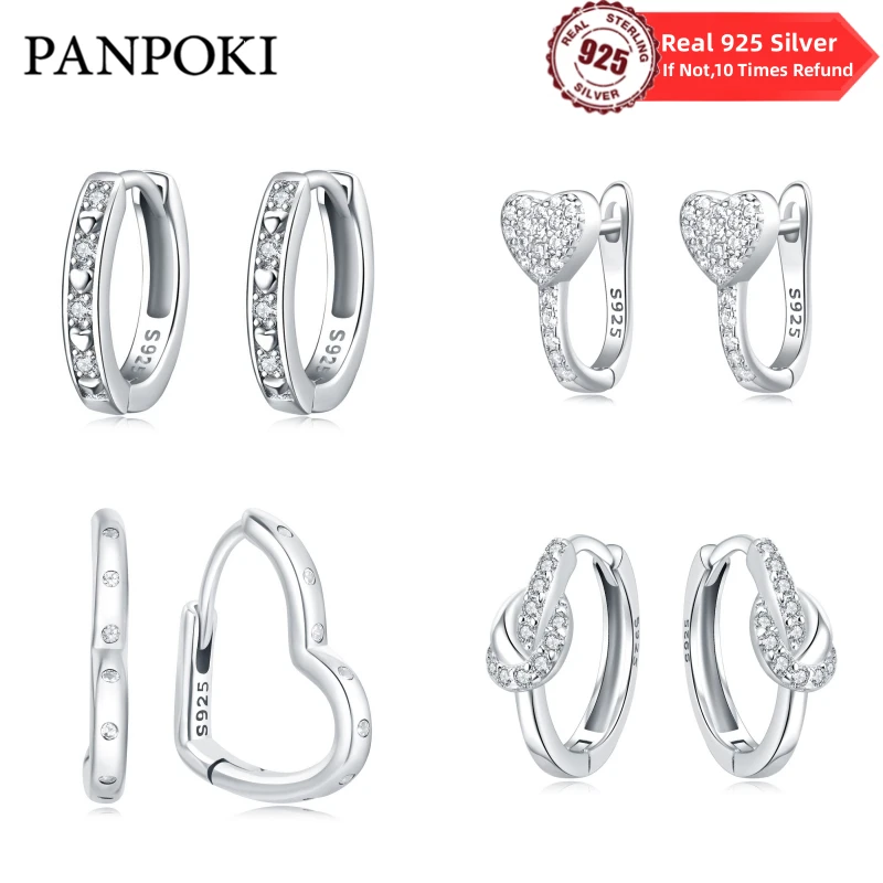 Genuine 925 Sterling Silver Simple Heart Shape Earrings Fit Original Charms Hoop For Women Girls Stud Earring Fine Jewelry Gifts