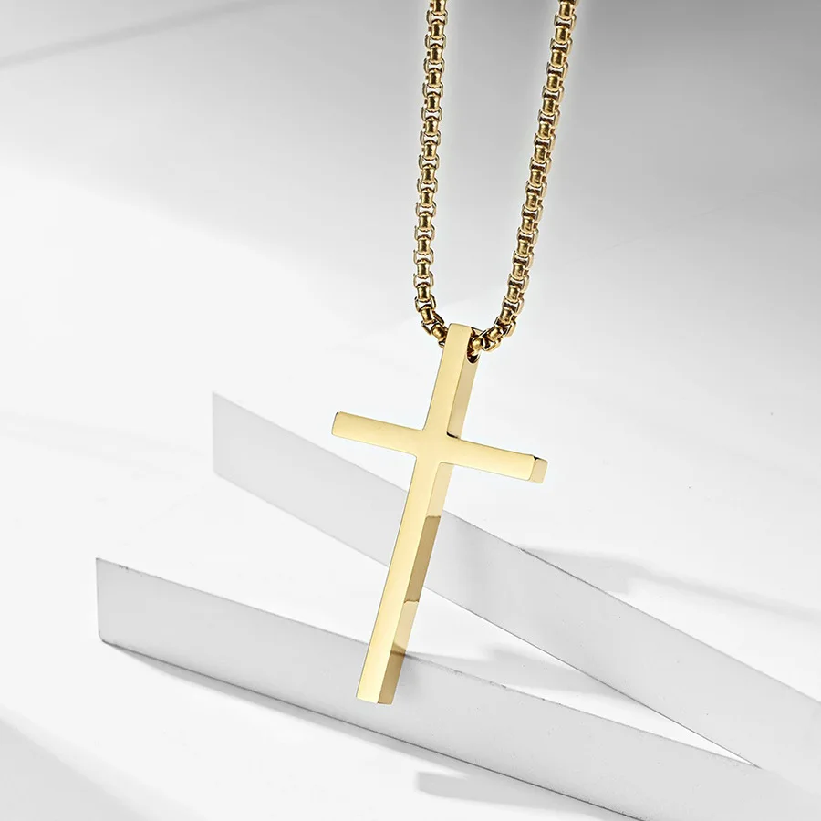2 Stück goldfarbene Kreuzanhänger-Halsketten-Set für Herren, Edelstahl, gedrehte Seilboxkette, Choker, Damen, Punk, Modeschmuck – Detail 8