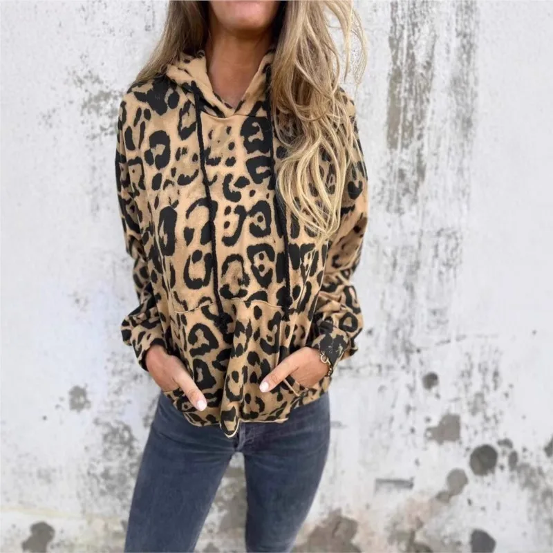 Women\'s Long Sleeved Print Hoodie Autumn Fashion Street Hip-hop Leopard Print Hoodie Pocket Streetwear Lady Casual Pullover Tops