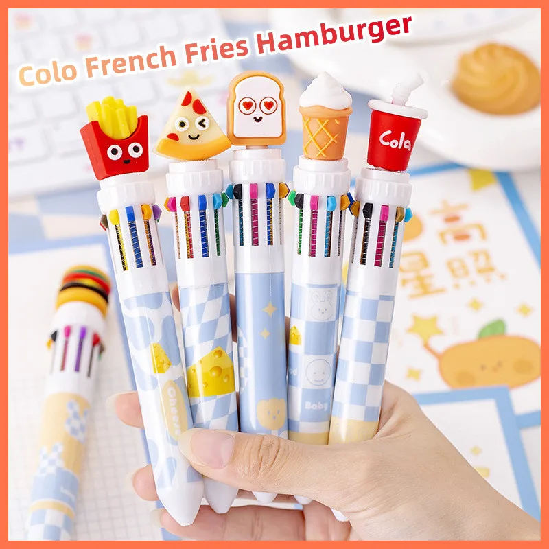 

24Pcs/Lot Cartoon 10 Color Ballpoint Pen Cute Chips Pizza Cola Burger Ball Point Pens Kids Stationery School Office Supplies